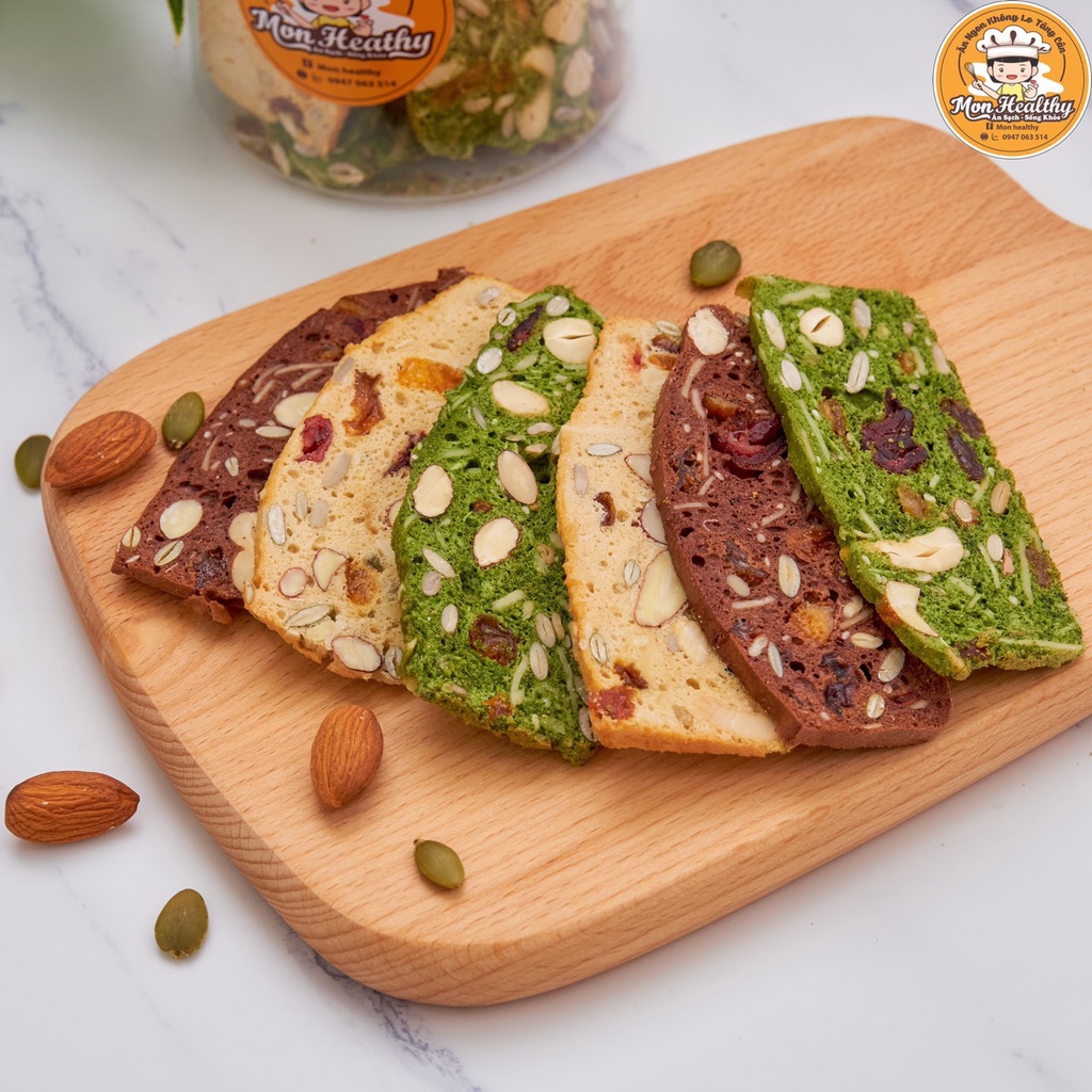 Bánh Biscoti Healthy Từ Bột Nguyên Cám Mix 3 Vị - Bánh Ăn Kiêng, Giảm Cân, Dành Cho Người Tiểu Đường - Hũ 200g/500g/1Kg