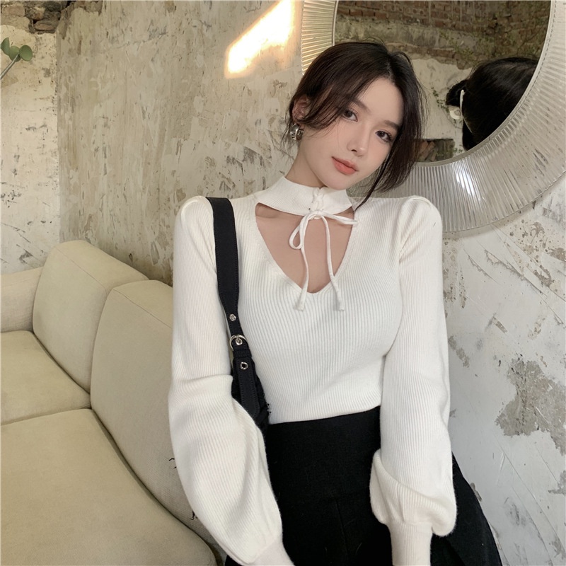 Áo sweater dệt kim ZHELIHANGFEI cổ V tay phồng gợi cảm thời trang cho nữ