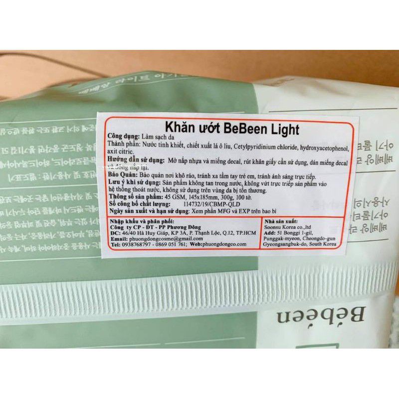 Khăn ướt Bebeen màu xanh Hàn Quốc 100 tờ không mùi