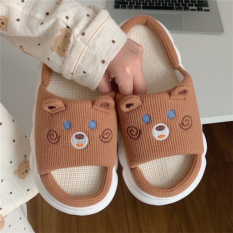 Dép Đi Trong Nhà Bằng cotton Linen Hình Gấu Nâu Cho Nam Nữ