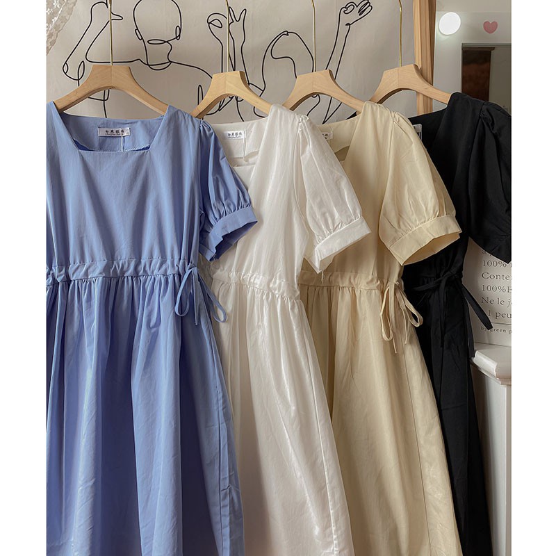 Đầm nữ tay bồng -váy babydoll cộc tay phối nơ bên tiểu thư dày dặn mềm mại không nhăn nhàu | BigBuy360 - bigbuy360.vn