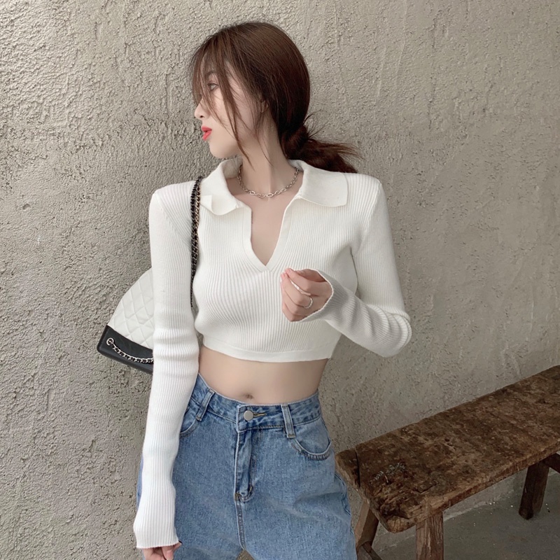 Áo Thun Dệt Kim Ngắn Tay Cổ Chữ V Thời Trang Hàn Quốc Dành Cho Nữ