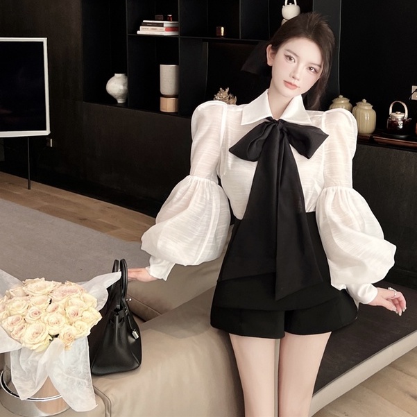 Bộ Áo Sơ Mi Trắng Tay Dài Phồng Đính Nơ + Chân Váy Đen Eo Cao Thời Trang Thu Đông Hàn Quốc Cho Nữ