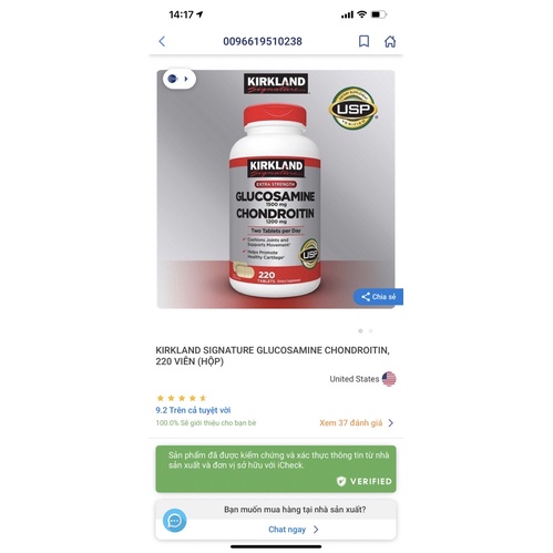 Viên Uống Bổ Khớp Kirkland Glucosamine 1500mg Chondroitin 1200mg - Hộp 220 Viên