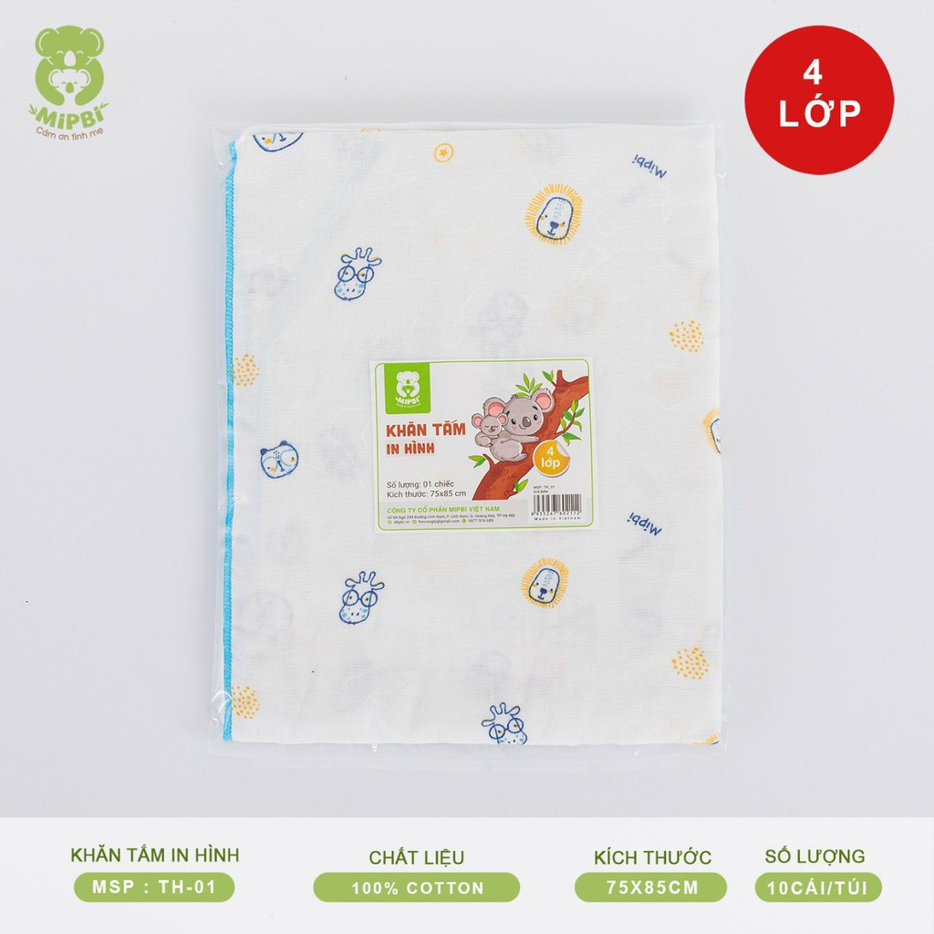 [CHÍNH HÃNG] Khăn tắm 4 lớp cotton cao cấp in hình mềm mại kích thước 75x85cm Gói 1c Mipbi