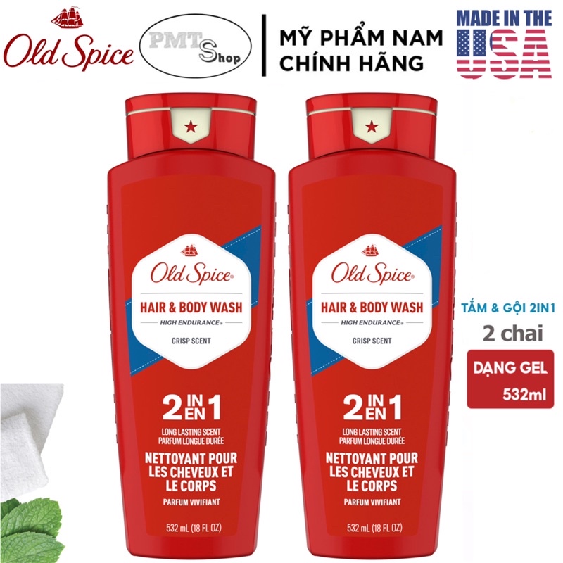 [USA] Combo 2 tắm gội 2in1 nam Gel Old Spice High Endurance Hair + Body Wash 532ml x 2 chai - Mỹ