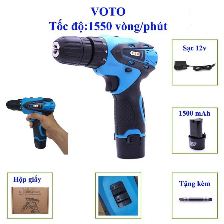 [⚡FLASH SALE⚡] MÁY KHOAN PIN 12V VOTO 2 Cấp Tốc Độ - 1 PIN Tặng Kèm Đầu Vít