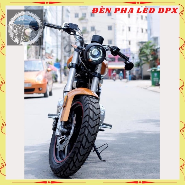 Đen led pha cao cấp, đèn xe máy độ CAFE RACER dạng xoắn gáo sắt sơn đen mặt kính