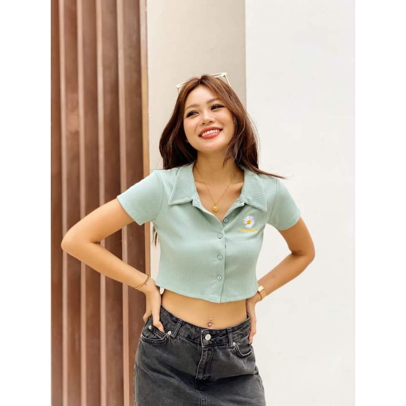 [Có Video Ảnh thật ] Áo Croptop 5 Nut Cổ Bẻ Thêu Cúc
