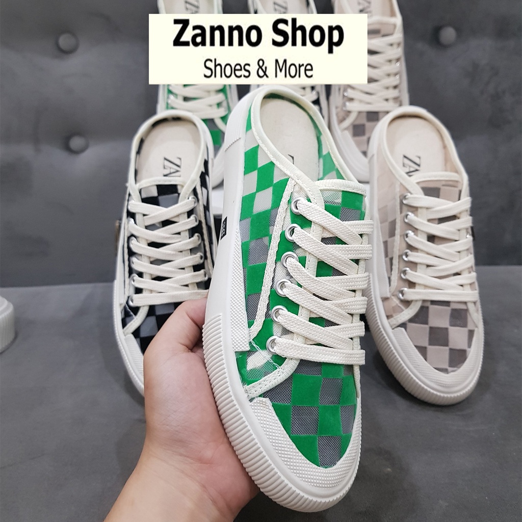 [Mẫu Mới] Giày Sục Thể Thao Nữ Học Sinh Vải Lưới Kẻ Caro Đế Cao 3cm