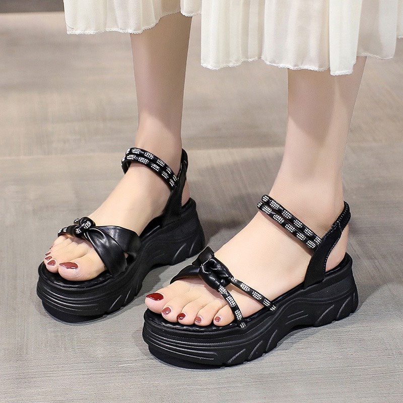 Sandal nữ đế bánh mì 5 phân quai vặn phối dây chun đá