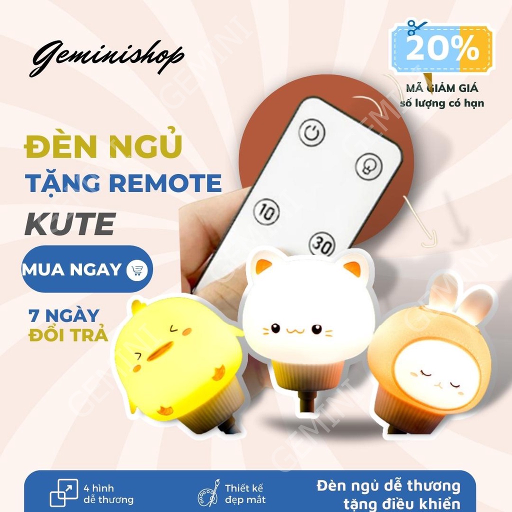 Đèn ngủ Hình Thú Dễ Thương V005 mini có điều khiển từ xa remote cổng usb hình thú Ánh Sáng Vàng GEMINI SHOP
