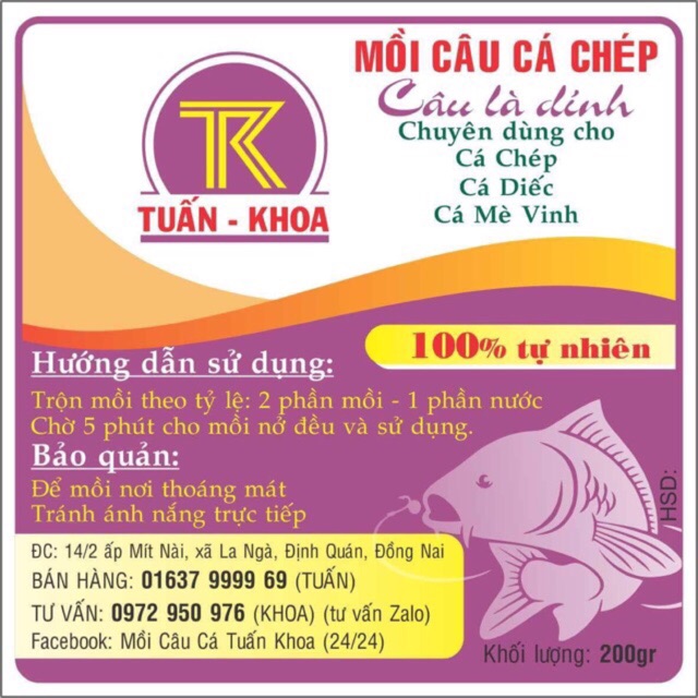 Mồi câu cá Chép Tuấn Khoa No1- Nhãn tím- thơm hơn nhạy hơn