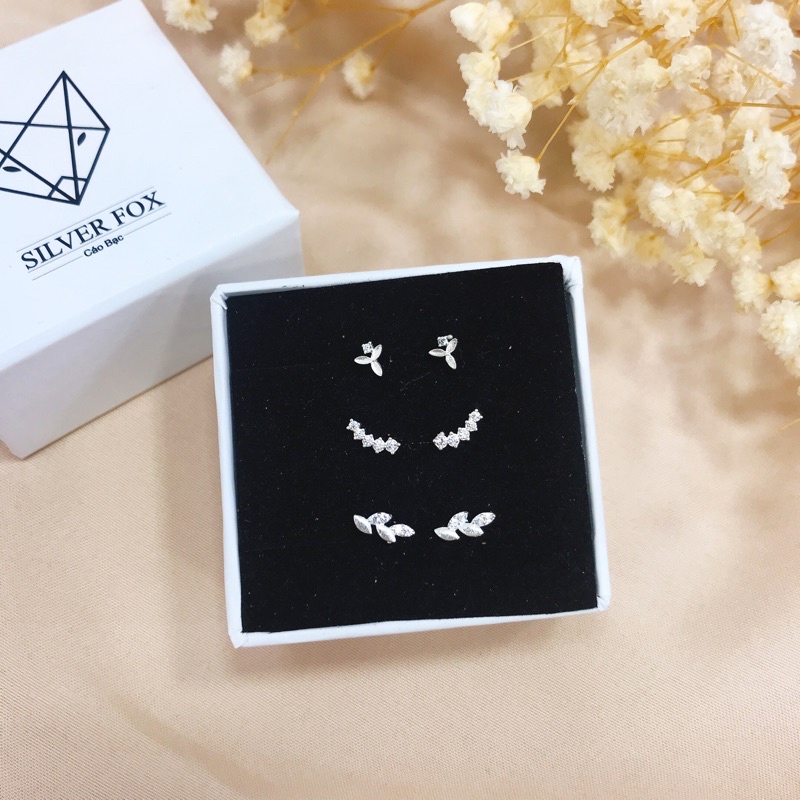 Set Combo Bộ 3 Đôi Khuyên Tai Bạc Ta Basic CaoBac Silver Đính Đá Lấp Lánh Thanh Lịch Nhỏ Xinh Hợp Đeo Lỗ Tai Trên