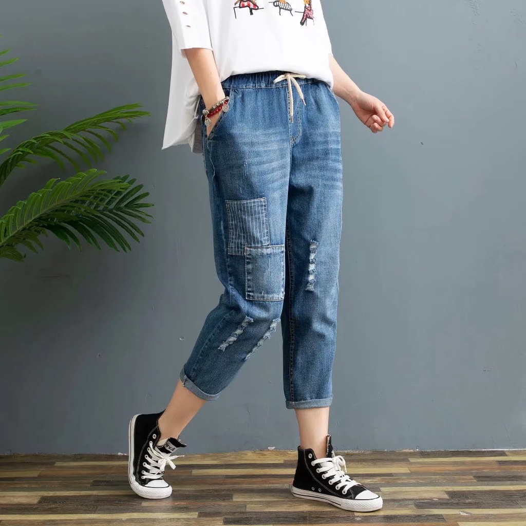 Quần jean lửng bagy nữ lưng thun bigsize M đến 3XL hoạ tiết đơn giản trẻ trung phong cách Nhật Bản AKira Store
