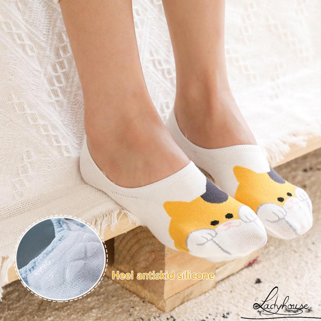 Vớ Phẳng Tàng Hình Chống Trượt In Hình Mèo Hoạt Hình Cổ Thấp Cho Nữ