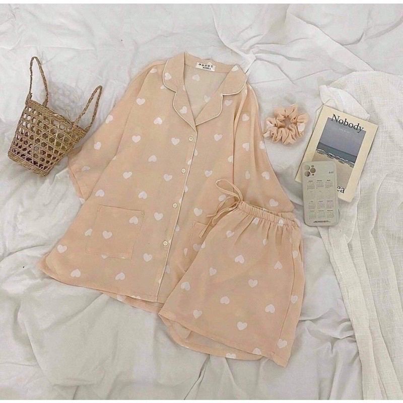 BỘ ĐỒ NGỦ NỮ PIJAMA Trái Tim XANH Mặc Nhà Cộc Tay Xinh Xắn