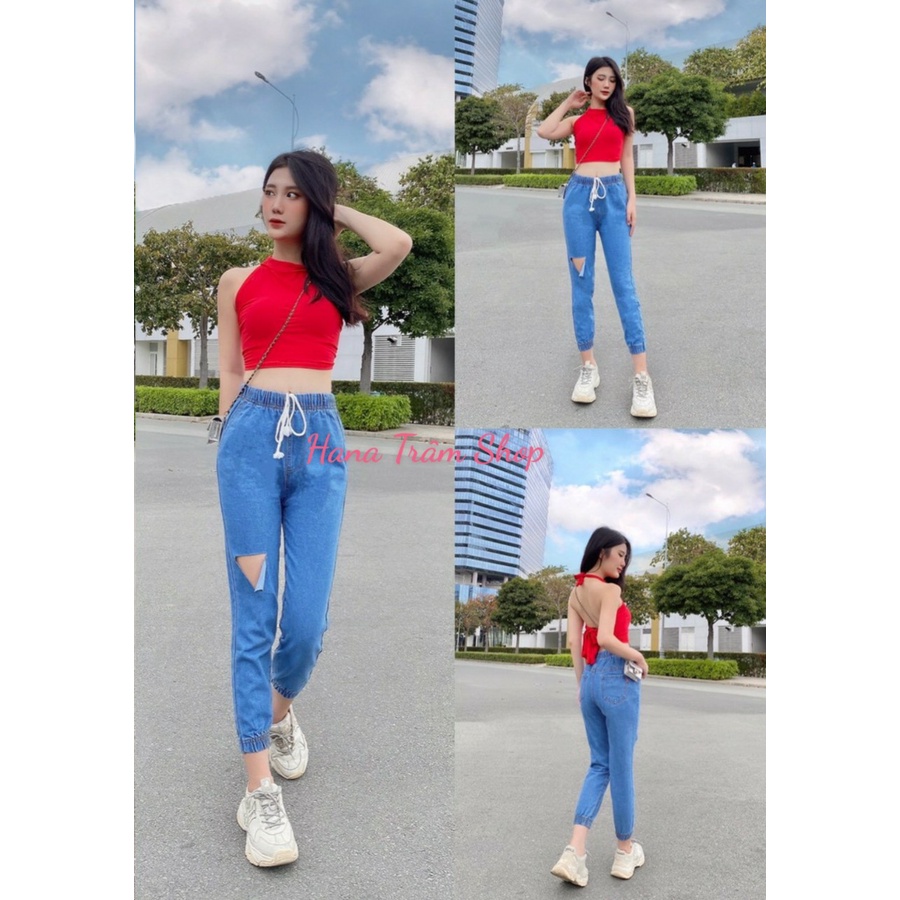 Mua Quần Baggy Jean Nữ Lưng Thun Rách Ngang Mẫu Bo Chun Màu Xanh Đậm ...