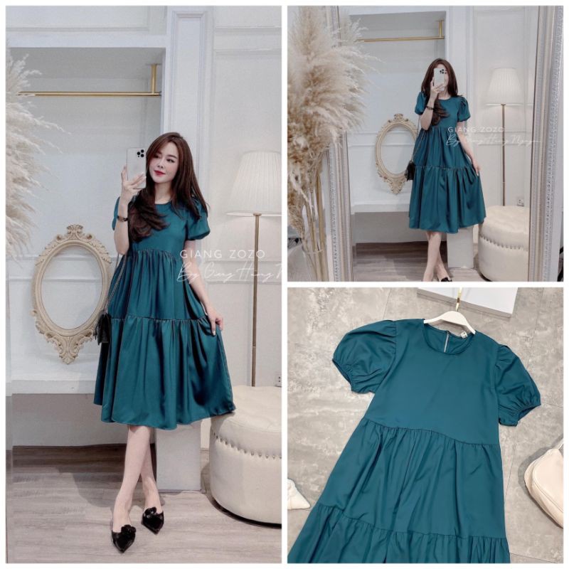 Đầm xuông rộng,váy xuông màu xanh cổ vịt tay bo phồng Mi Clothing 1007