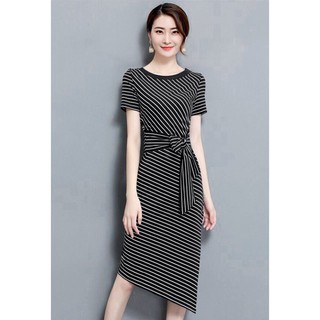 ĐẦM ÔM THUN SỌC PHỐI REN CỘT NƠ EO