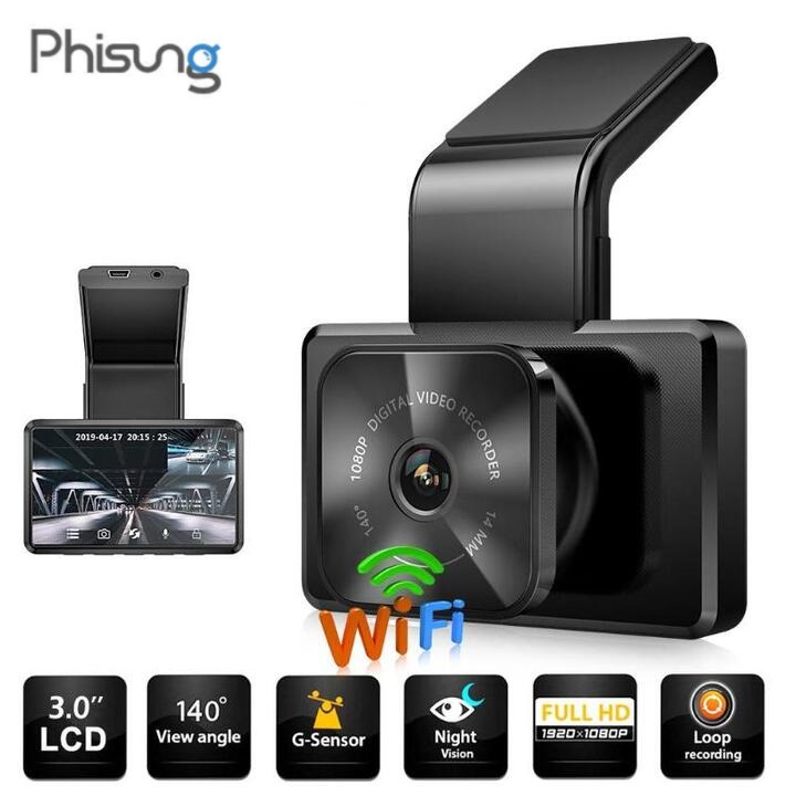 Camera hành trình gắn kính lái ô tô Phisung K10, màn hình LCD IPS 3 inch, tích hợp camera sau và Wifi
