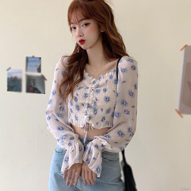 Áo Kiểu Dáng Ngắn Xếp Ly Cổ Vuông Vải Voan Hoạ Tiết Hoa Thời Trang Hàn Quốc | BigBuy360 - bigbuy360.vn