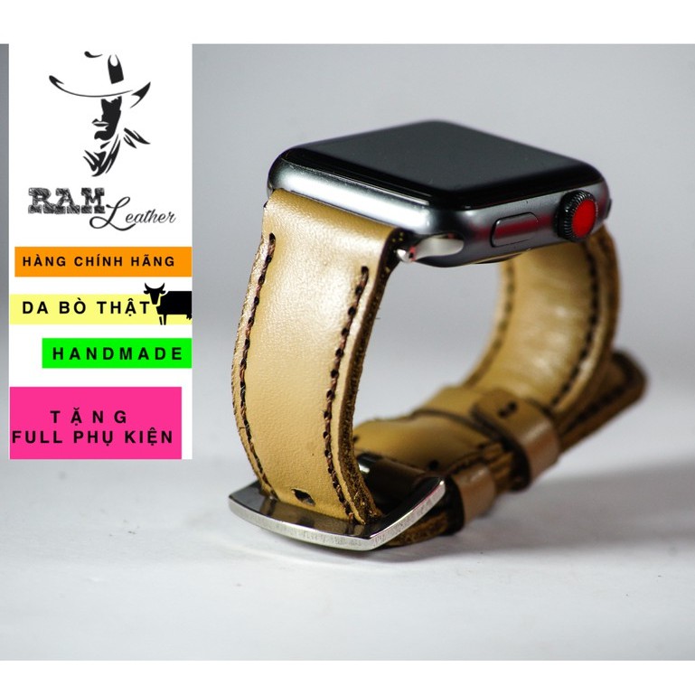 Dây đồng hồ Apple Watch , Iwatch , Iphone Watch Da Bò Màu Trà Sữa RAM Leather Bền Đẹp