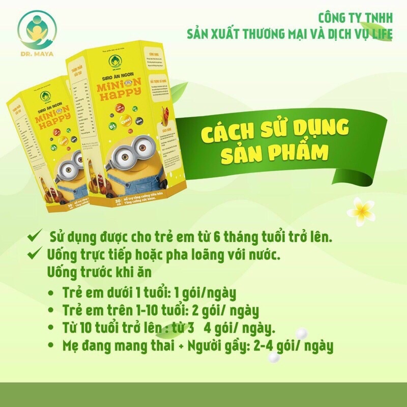 Siro ăn ngon MINION HAPPY (hộp 30 gói) 300ml giúp bé ăn ngon, hấp thu tốt
