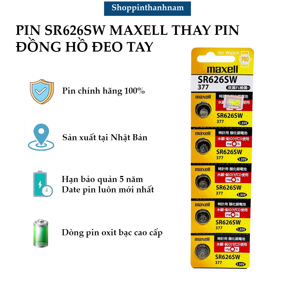 Vỉ 5 viên Maxell SR626 / 377 / SR626SW thay pin đồng hồ đeo tay