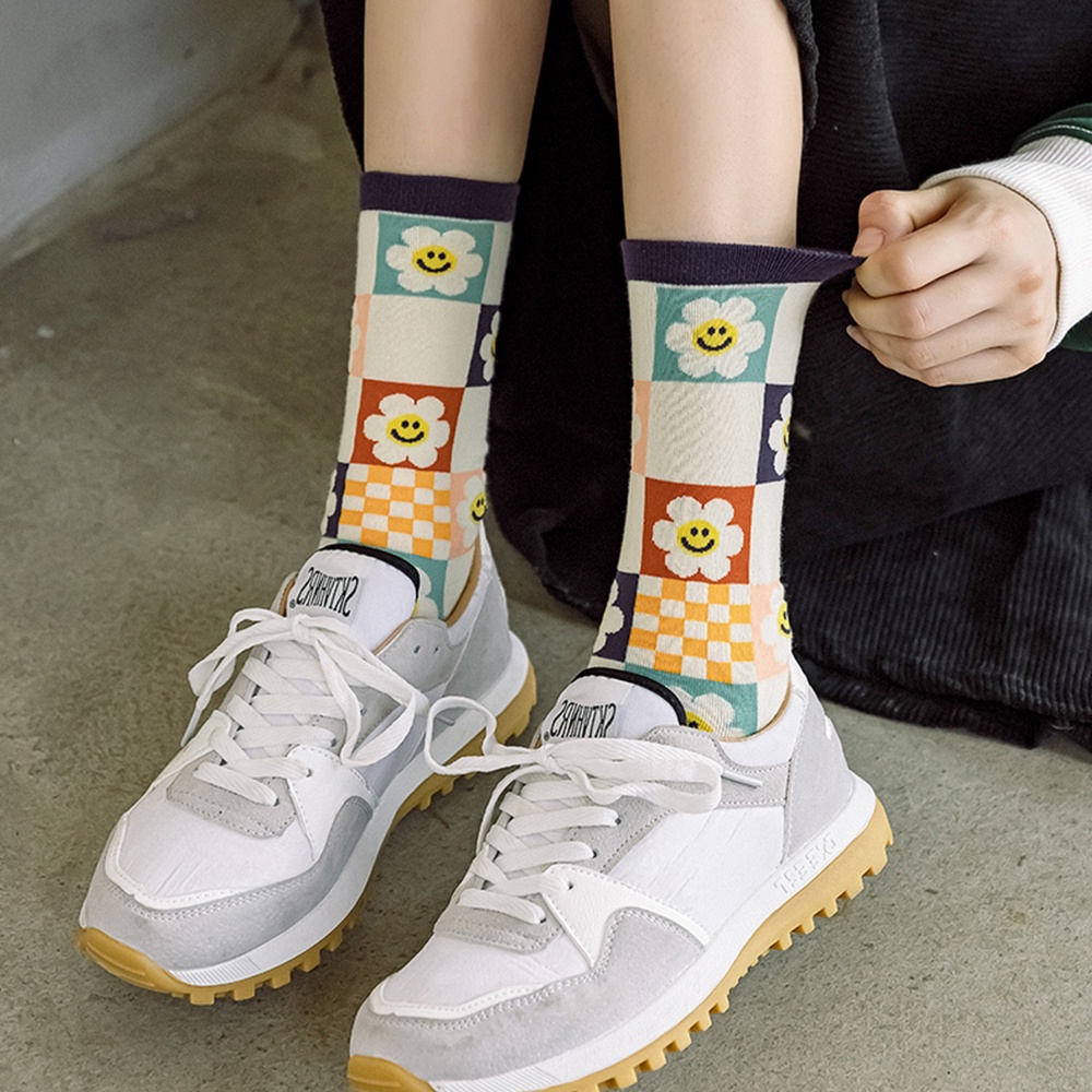 Vớ cotton mềm thoáng khí in họa tiết hoa phong cách Hàn Quốc cho nữ