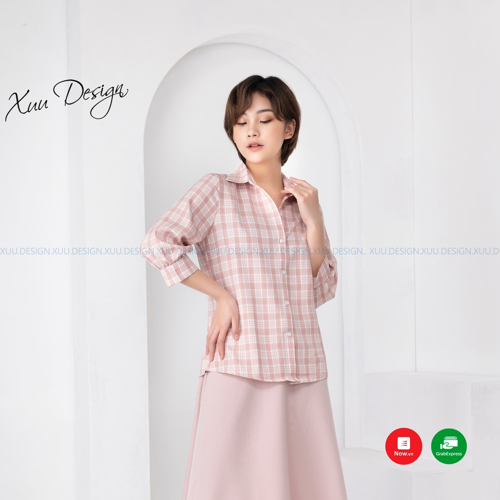 Áo sơ mi nữ kẻ caro Xuu, chất vải kate thiết kế tay lỡ trẻ trung Xu02