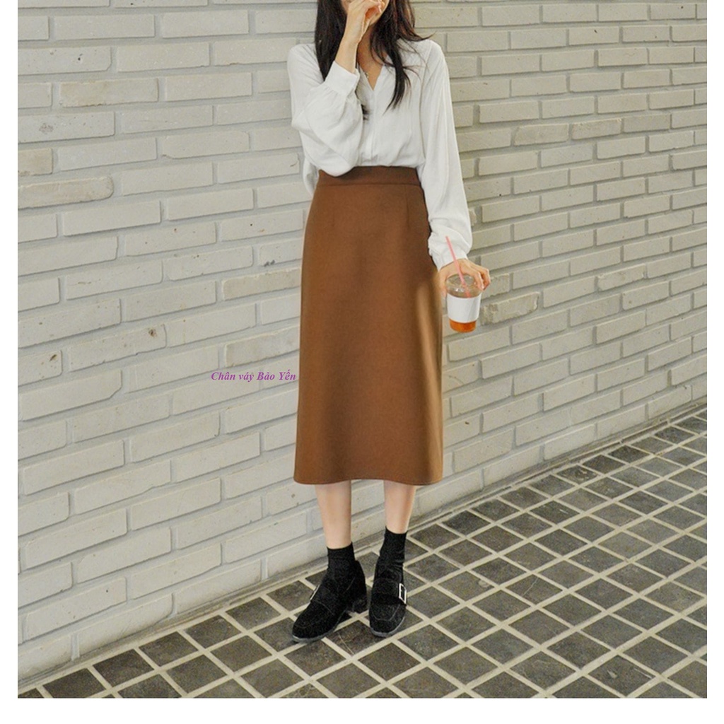 Chân váy midi A dài màu nâu bò xẻ sau ( sẵn size) - M11N