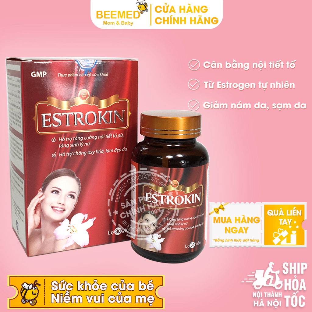Estrokin - hỗ trợ sinh lý nữ, Cân bằng nội tiết tố - Lọ 30 viên từ Estrogen, vitamin E, Glutathione và collagen