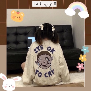 Áo sweater form rộng mùa thu đông mặt người và chữ “It’s ok to cry”