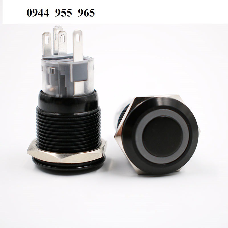Công tắc nút nhấn kim loại LED 19mm vỏ đen 12V 24V/  19mm Black latching push button switch