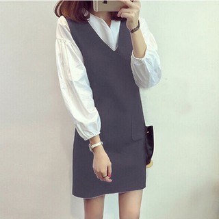 Set áo sơ mi dáng dài kèm đầm yếm