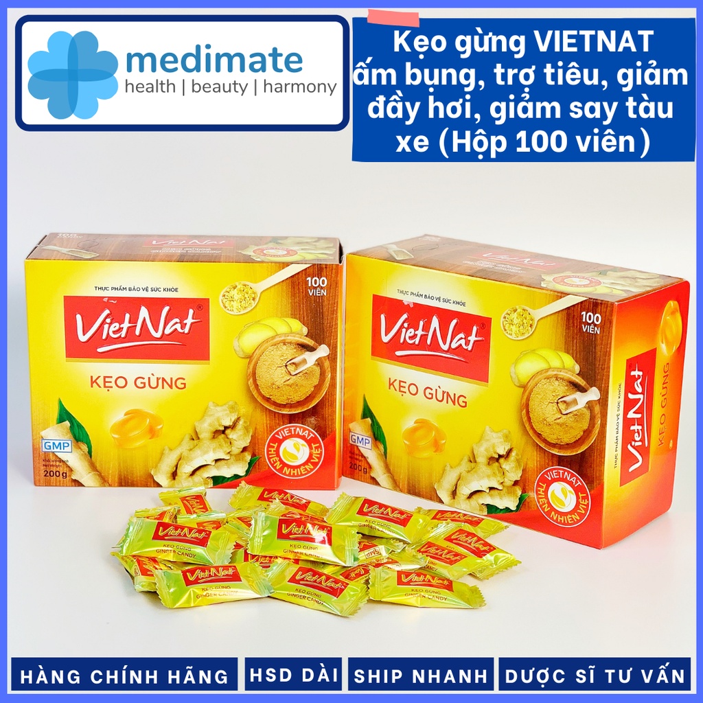 Kẹo gừng VIETNAT giúp ấm bụng, giảm nôn, giảm khó tiêu, trợ tiêu hóa (Hộp 100 viên)
