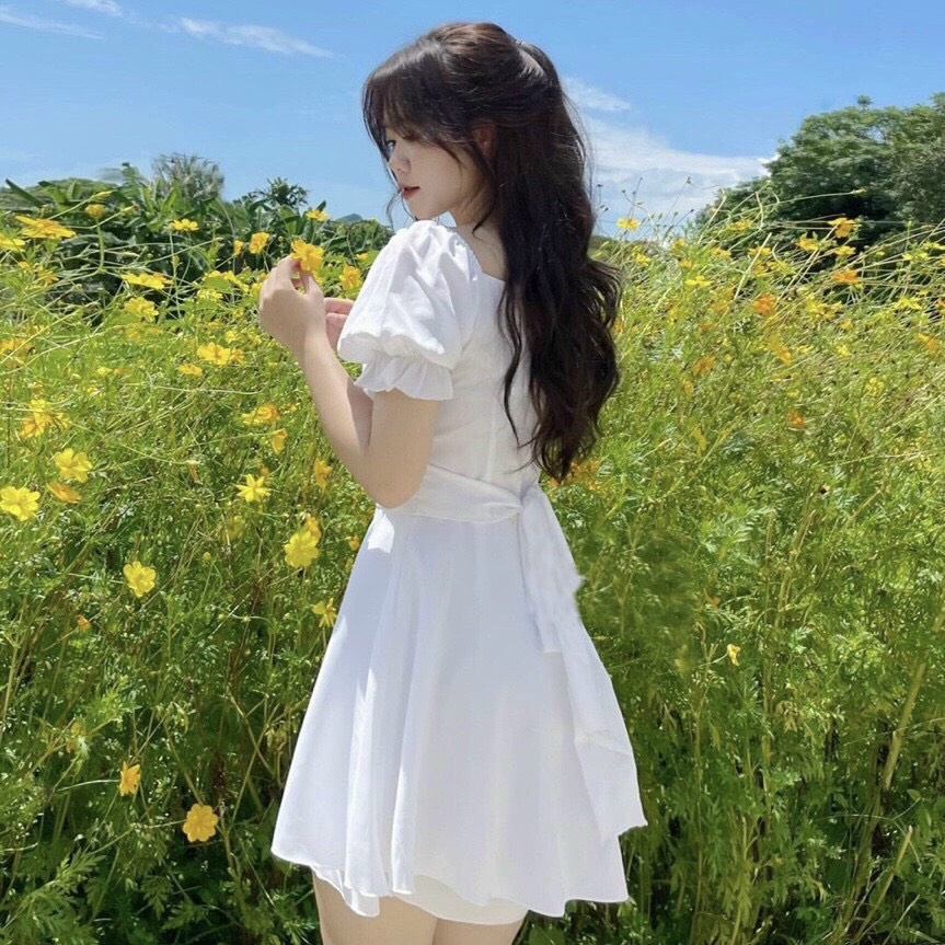 Đầm váy trễ vai cổ nhúng thắt nơ lưng 3 màu trắng, đe, xanh