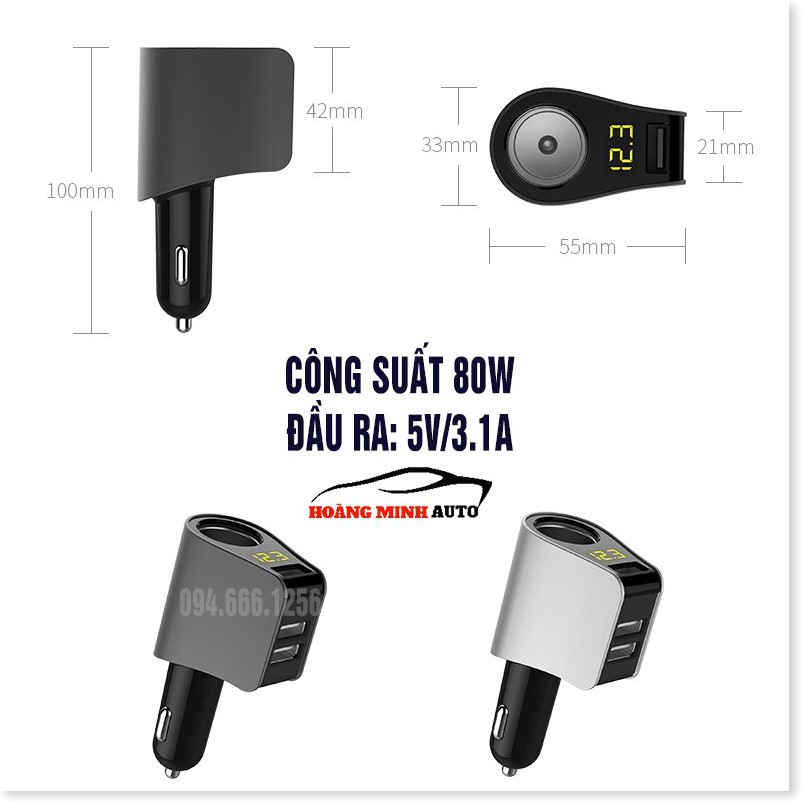 Tẩu Sạc ô tô, xe hơi Hyundai chính hãng - Có Đèn Led Báo Điện Áp Ắc Quy - Đầu ra 3 cổng USB, 1 cổng tẩu tròn