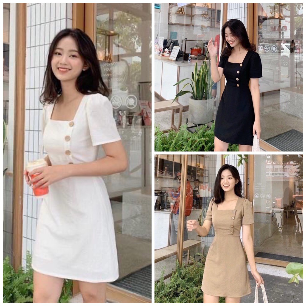 Đầm nữ cổ vuông ♥️ Váy nữ cổ vuông phối nút - NhimShop ĐN01