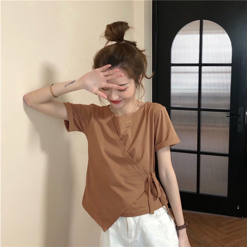 SUXI Áo thun tay ngắn màu trơn độc đáo thời trang cho nữ