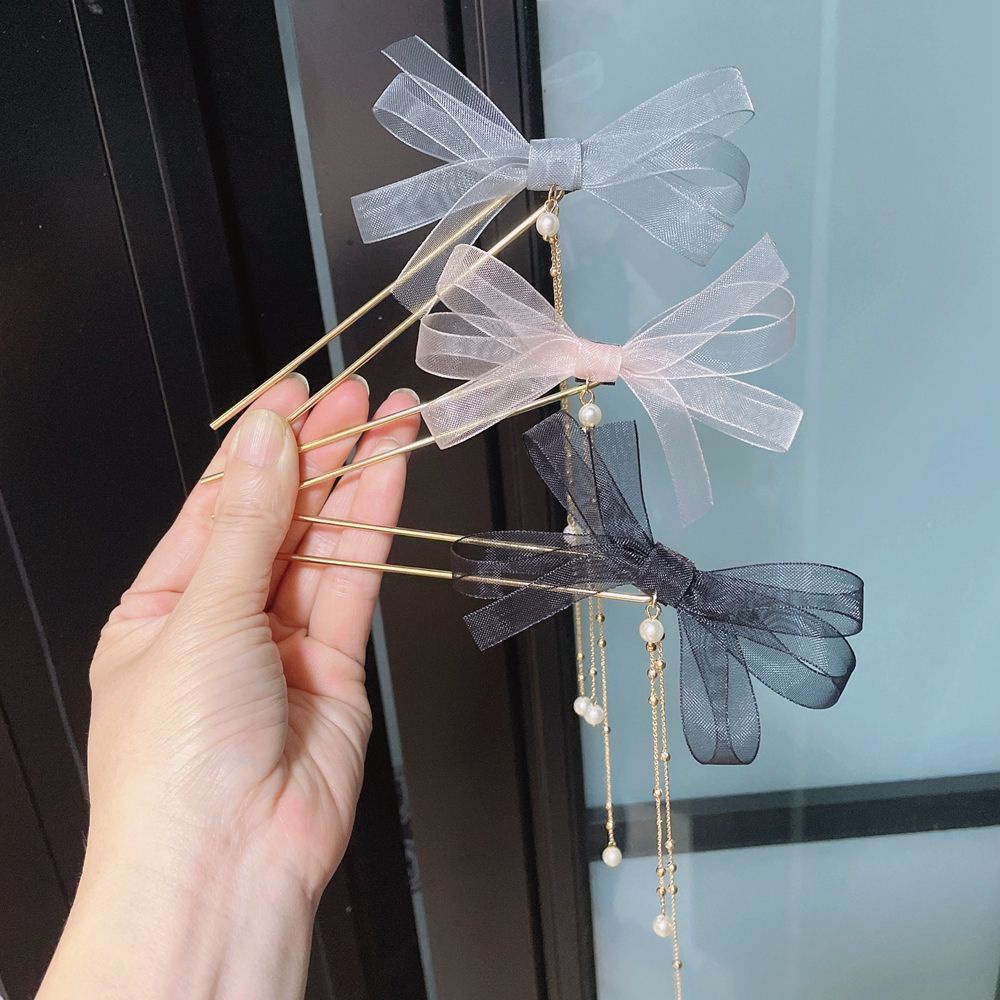 Trâm cài tóc hình chữ U hợp kim mặt nơ lưới đính tua rua ngọc trai nhân tạo phong cách Hàn Quốc vintage cổ điển cho nữ