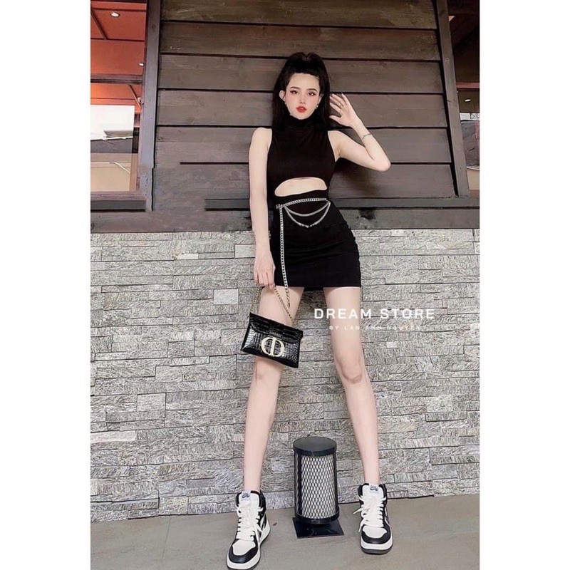 Đầm body 3 lỗ phối xích eo chất vải thun Borip