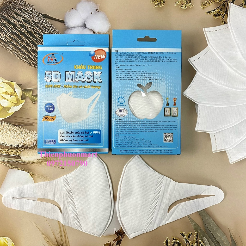 Khẩu Trang NAM ANH 5D DÂY VẢI Kháng Khuẩn 3 Lớp 10 Cái/ Hộp