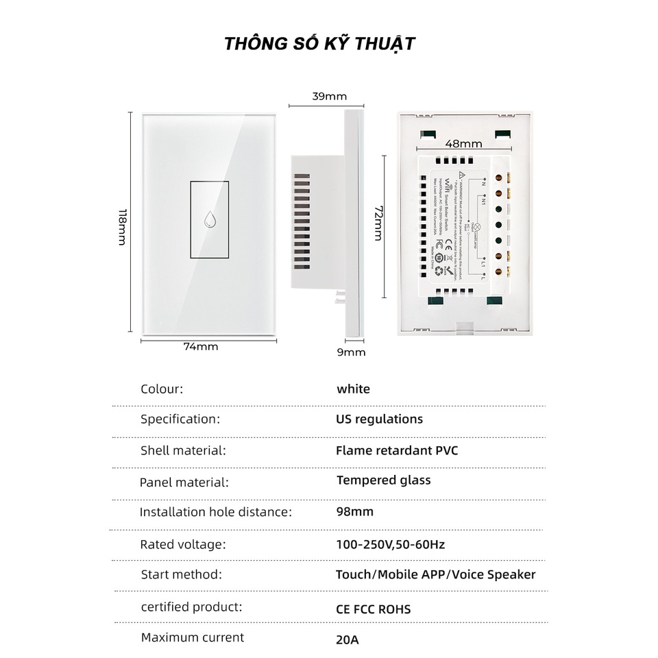 CÔNG TẮC THÔNG MINH TUYA WIFI 20A 4400W ĐIỀU KHIỂN TỪ XA DÙNG CHO BÌNH NÓNG LẠNH, ĐIỀU HÒA...