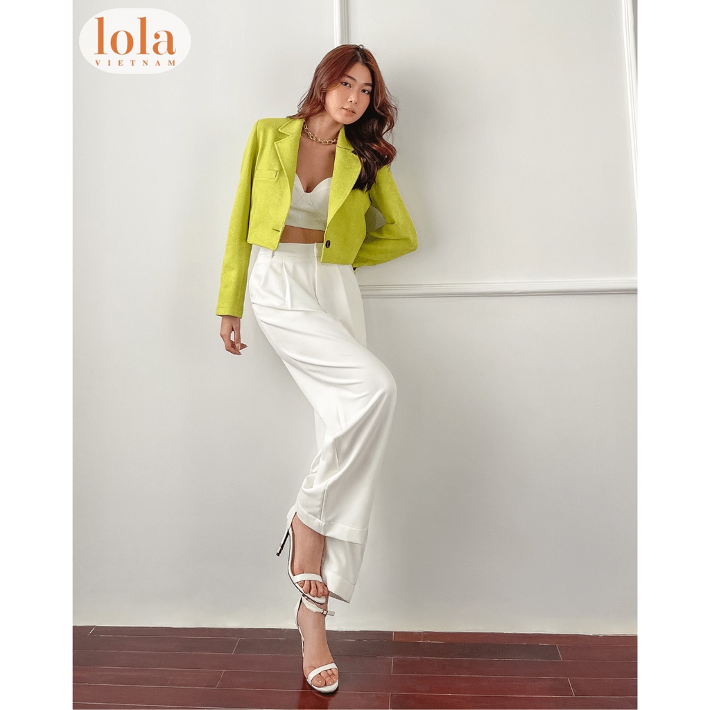 Áo Vest Nữ Blazer LOLA VIETNAM Thiết Kế Vải Nỉ Croptop Ngắn Màu Xanh Có Mút Vai Form Đẹp Linen VE01