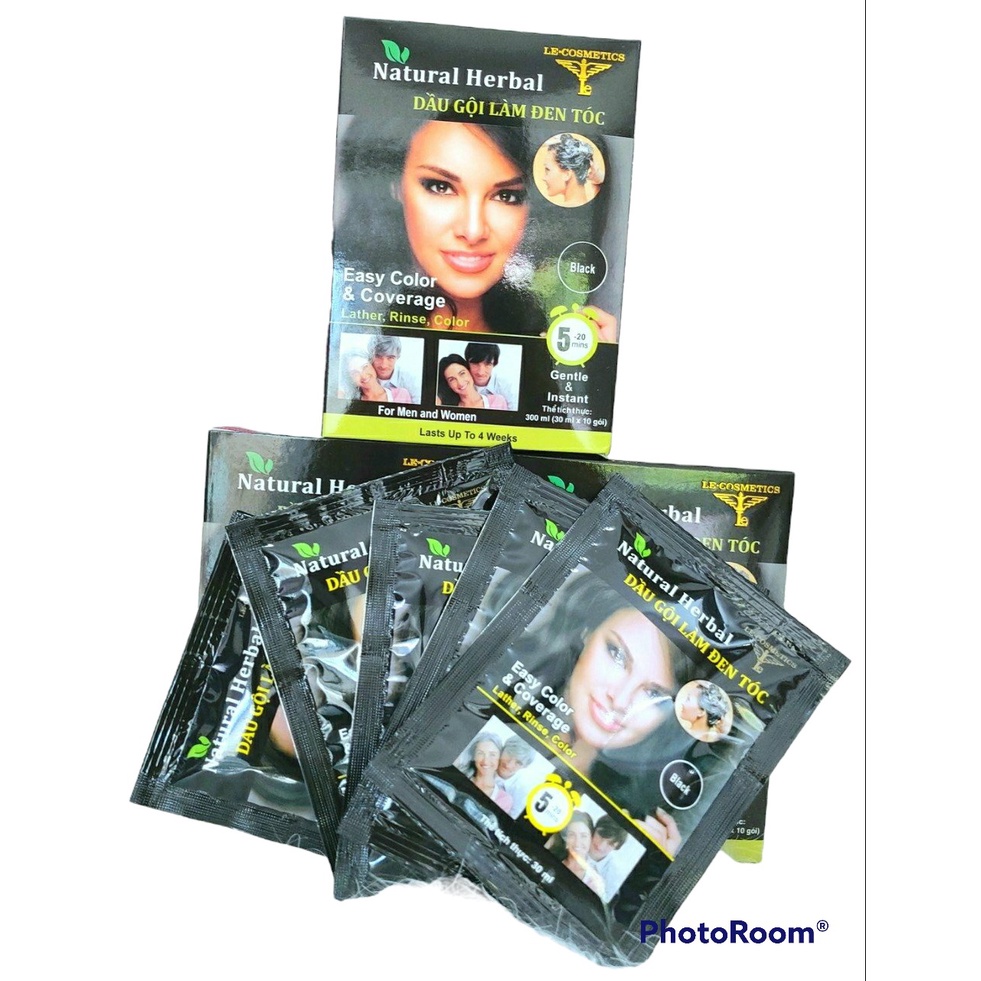 Dầu Gội Nhuộm Tóc - Thuốc Nhuộm Thảo Dược Natural Herbal - Phủ Bạc 100% - Không Rát Da Đầu Màu Nâu & Đen 1 Hộp 10 Gói.