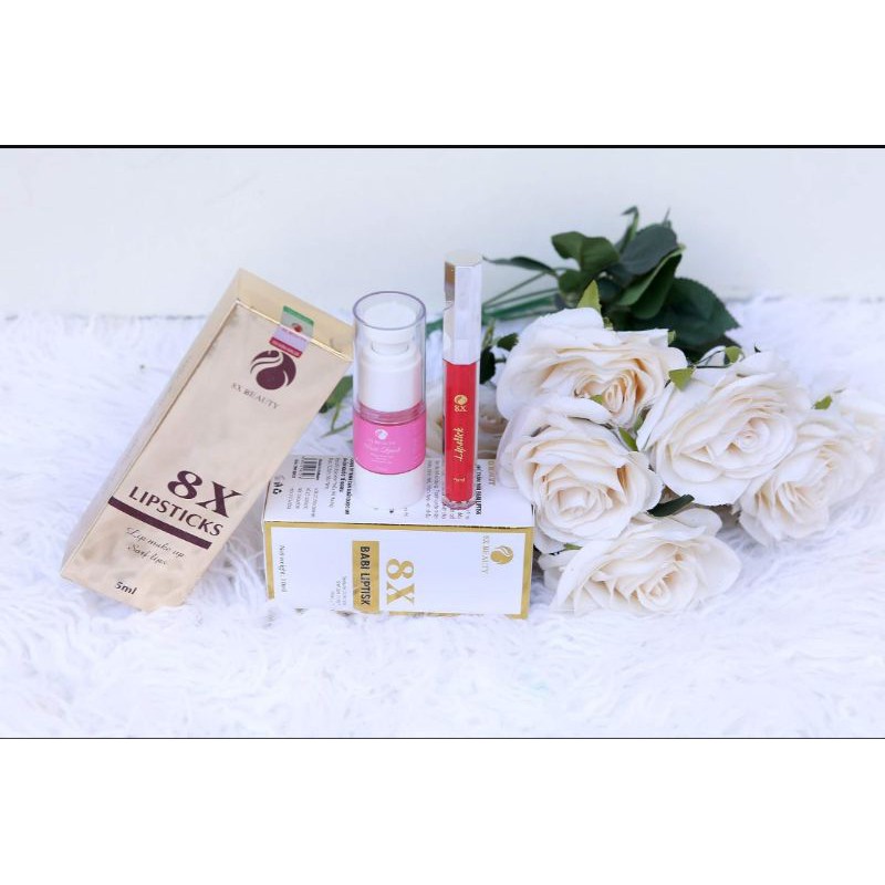 COMBO KHỬ THÂM LÀM HỒNG MÔI 8X BEAUTY - TẶNG SON KEM ĐỎ SAN HÔ LIPSTICK CAO CẤP TRỊ GIÁ