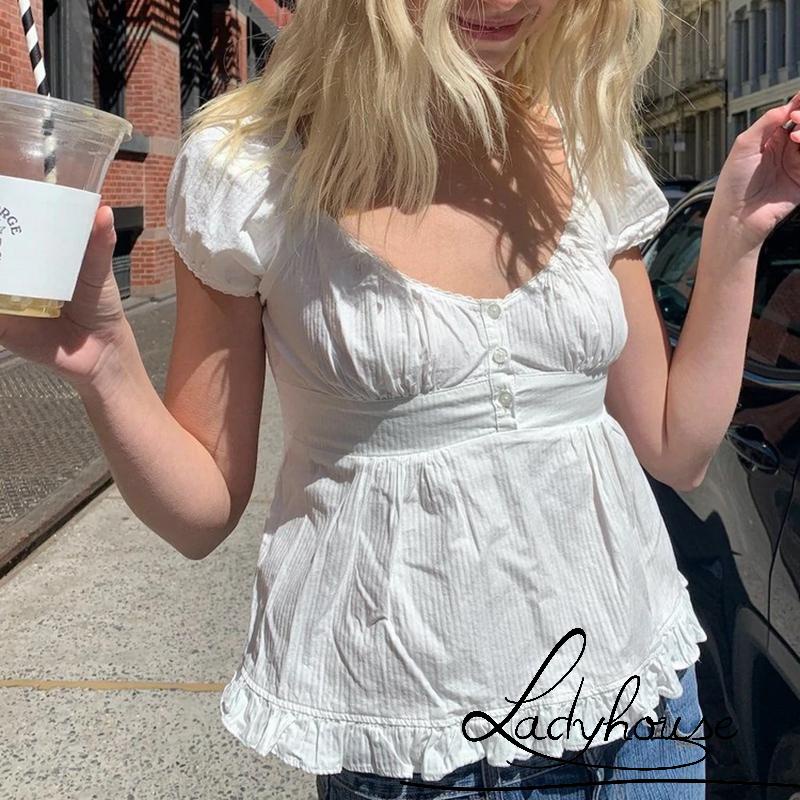 Áo Thun Tay Ngắn Cổ Thấp Xếp Ly Màu Sắc Trơn Thời Trang Mùa Hè Dành Cho Nữ