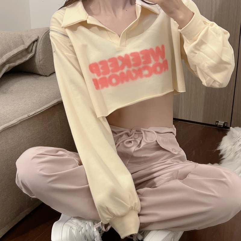 ZHELIHANGFEI Áo Thun POLO Tay Dài Eo Cao Phong Cách Mỹ Quyến Rũ